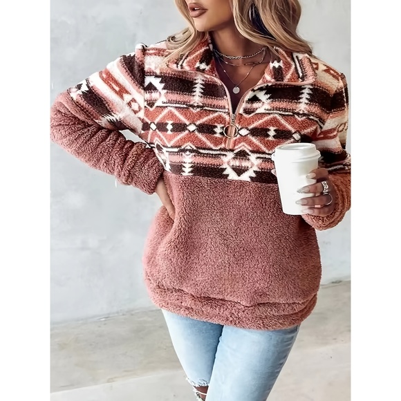Geo Pattern Half Zipper Teddy Sweatshirt, Casual Long Sleeve Sweatshirt For Fall - Picture 1 of 5